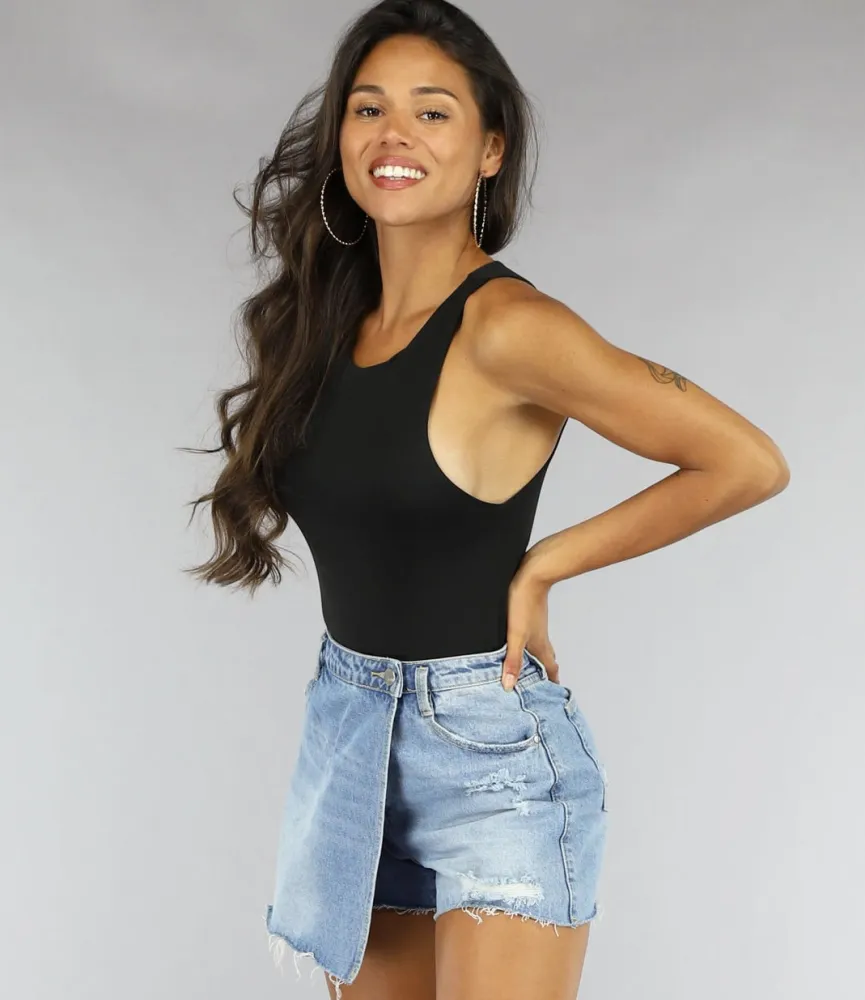 Zwarte Bodysuit van Stretch Stof met Hoge Kraag