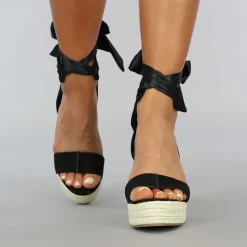 Zwarte Boho Sleehak Sandaletten met Strikdetail