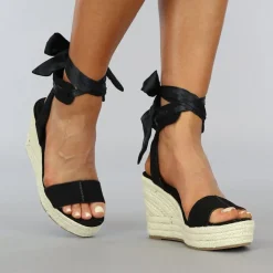 Zwarte Boho Sleehak Sandaletten met Strikdetail