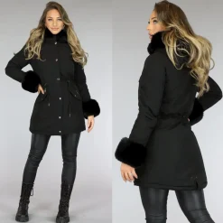 Zwarte Bont Winterjas met Capuchon