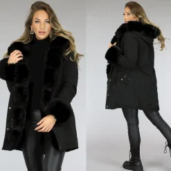 Zwarte Bont Winterjas met Capuchon