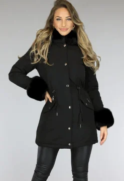 Zwarte Bont Winterjas met Capuchon