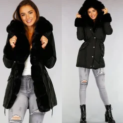 Zwarte Bont Winterjas met Capuchon