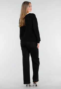 Zwarte Cardigan met Witte Striksluiting en Lange Mouwen