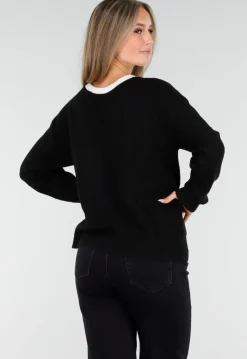 Zwarte Cardigan met Witte Striksluiting en Lange Mouwen