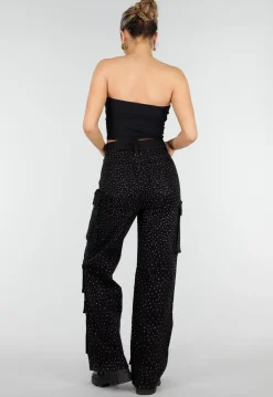 Zwarte Cargo Broek met Strass Details en Rechte Pijpen