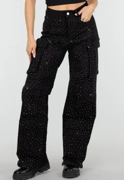 Zwarte Cargo Broek met Strass Details en Rechte Pijpen