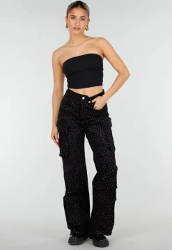 Zwarte Cargo Broek met Strass Details en Rechte Pijpen