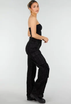 Zwarte Cargo Broek met Strass Details en Rechte Pijpen