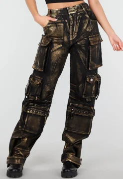Zwarte Cargo Jeans met Gouden Metallic Coating en Zakken