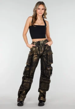 Zwarte Cargo Jeans met Gouden Metallic Coating en Zakken