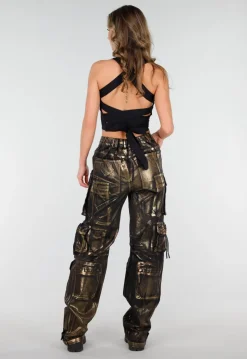 Zwarte Cargo Jeans met Gouden Metallic Coating en Zakken