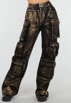 Zwarte Cargo Jeans met Gouden Metallic Coating en Zakken