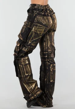 Zwarte Cargo Jeans met Gouden Metallic Coating en Zakken