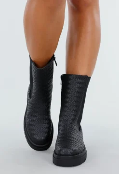 Zwarte Chelsea Boots met Geweven Detail en Chunky Zool