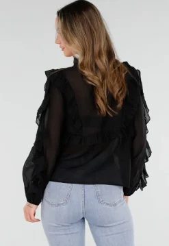 Zwarte Chiffon Blouse met Ruches