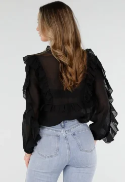 Zwarte Chiffon Blouse met Ruches