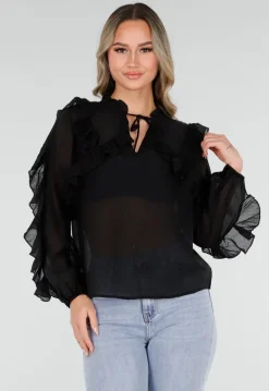 Zwarte Chiffon Blouse met Ruches