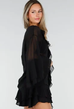 Zwarte Chiffon Blouse met Ruches en Knoopsluiting