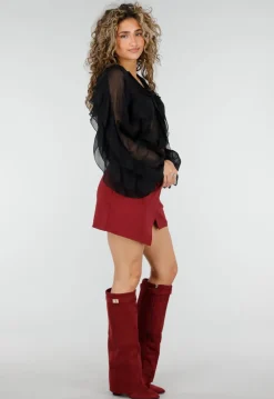 Zwarte Chiffon Blouse met Ruffle Details en Lange Mouwen