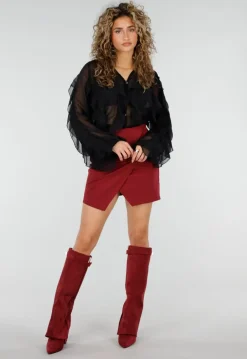 Zwarte Chiffon Blouse met Ruffle Details en Lange Mouwen