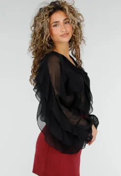 Zwarte Chiffon Blouse met Ruffle Details en Lange Mouwen