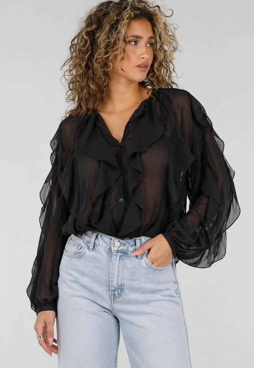 Zwarte Chiffon Blouse met Ruffle Details en Lange Mouwen