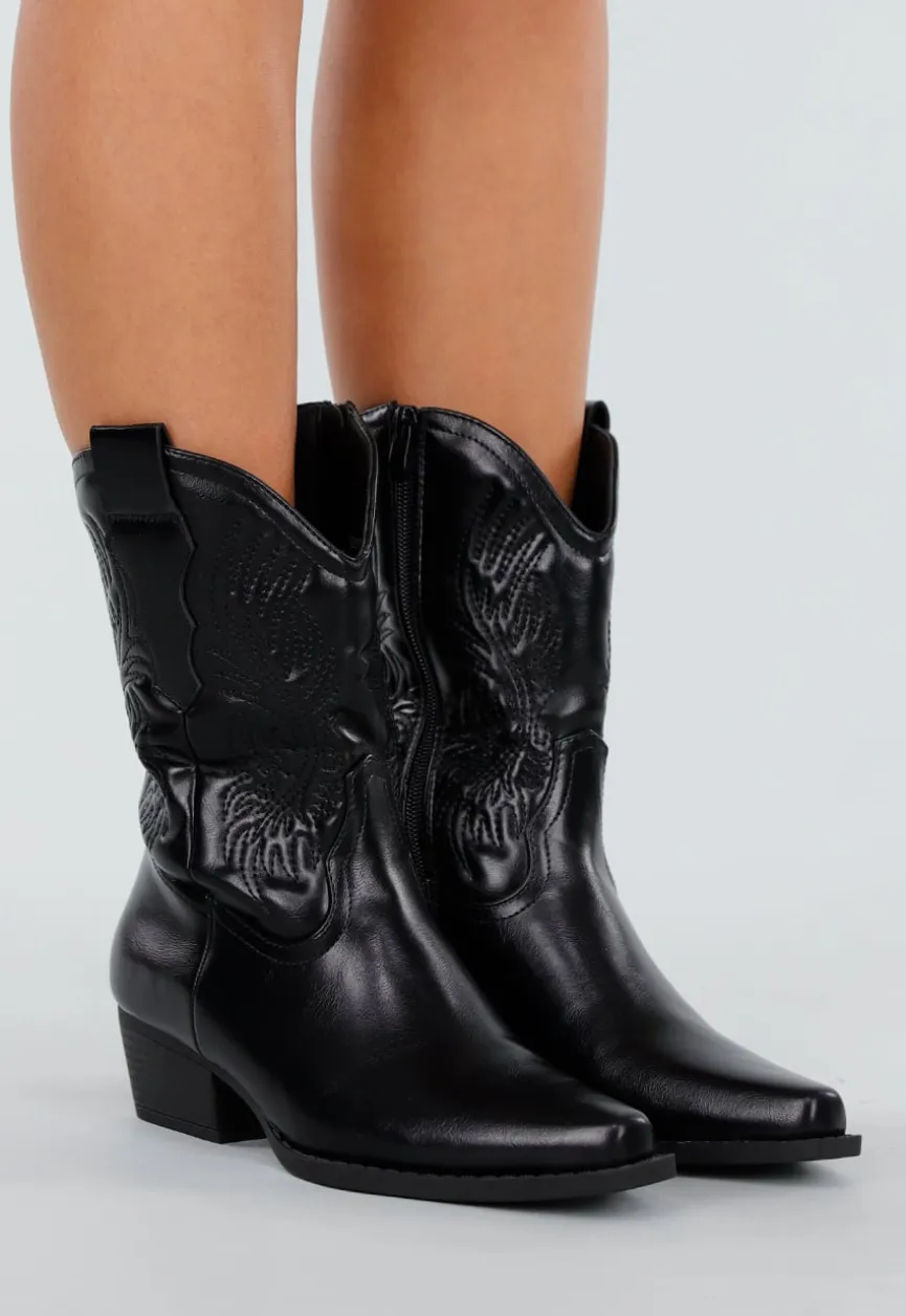Zwarte Cowboylaarzen met Stikseldetail en Lage Hak