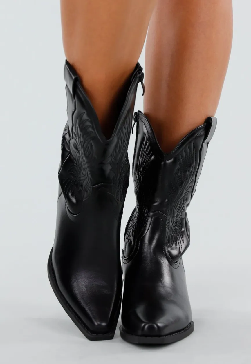 Zwarte Cowboylaarzen met Stikseldetail en Lage Hak