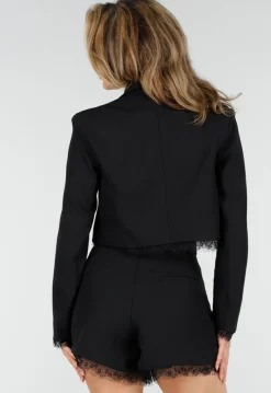 Zwarte Cropped Blazer en Short Set met Kant