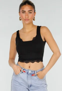 Zwarte Cropped Top met Open Rug en Kant
