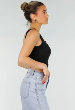 Zwarte Cropped Top met Open Rug en Kant