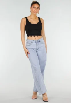 Zwarte Cropped Top met Open Rug en Kant