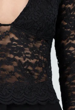 Zwarte Crop Top met Kant en Lange Mouwen