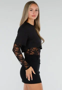 Zwarte Crop Top met Lange Kanten Mouwen en Kanten Taille