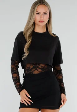 Zwarte Crop Top met Lange Kanten Mouwen en Kanten Taille
