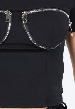 Zwarte Crop Top met Rits Details en Korte Mouwen