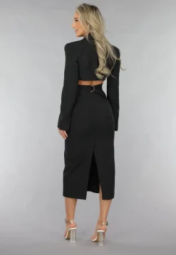 Zwarte Cut Out Midi Jurk met Blazer Look
