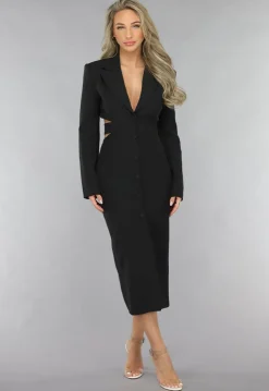 Zwarte Cut Out Midi Jurk met Blazer Look