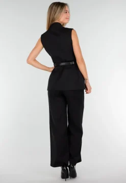 Zwarte Dames Matchende Set met Mouwloze Top, Statement Riem en Wide Leg Broek