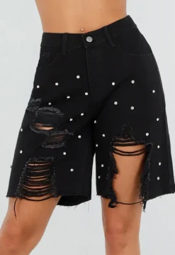 Zwarte Denim Bermuda Shorts met Strass en Destroyed Details Voor Dames