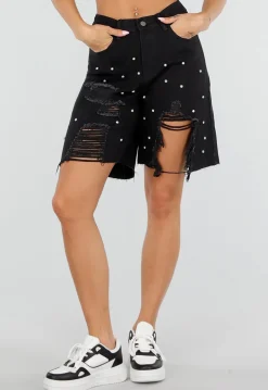 Zwarte Denim Bermuda Shorts met Strass en Destroyed Details Voor Dames