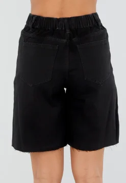 Zwarte Denim Bermuda Shorts met Strass en Destroyed Details Voor Dames