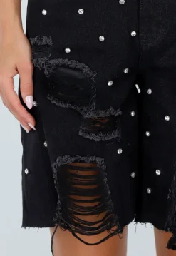 Zwarte Denim Bermuda Shorts met Strass en Destroyed Details Voor Dames