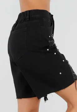 Zwarte Denim Bermuda Shorts met Strass en Destroyed Details Voor Dames
