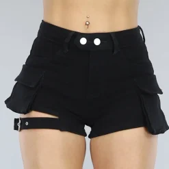 Zwarte Denim Cargo Short met Riempje