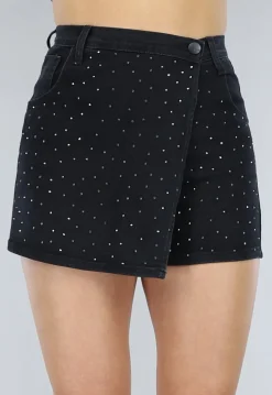 Zwarte Denim Glitter Overslag Skort