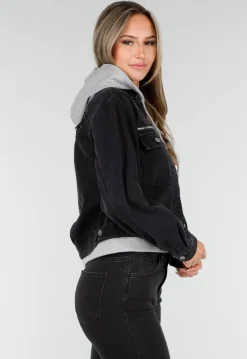 Zwarte Denim Jas met Grijze Capuchon en Zakken met Rits