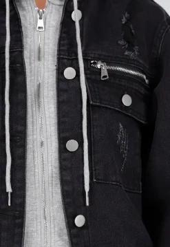 Zwarte Denim Jas met Grijze Capuchon en Zakken met Rits