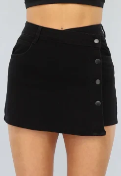 Zwarte Denim Overslag Skort met Knoopjes
